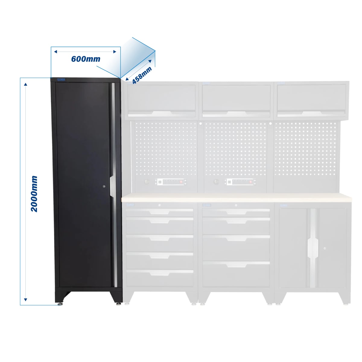 SGS 10pc Modular Garage Storage | 9 Drawers | Plywood Worktop | Tall Single Cabinet | Floor Cabinet | 3x Upper Cabinets | 2x Pegboards with Power Strip